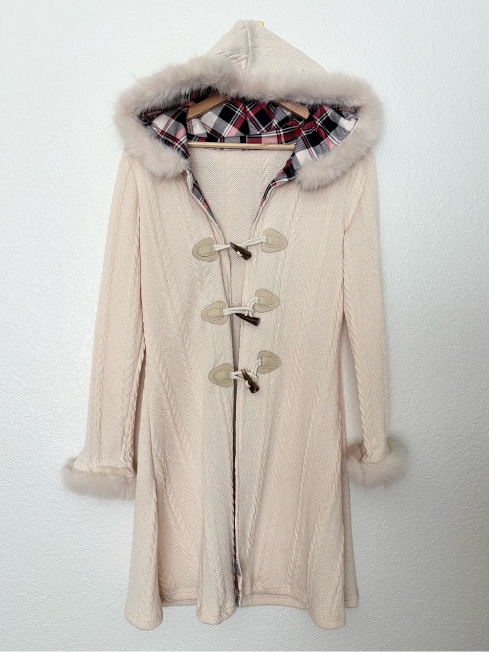 Cream Cable Knit Faux Fur Hooded Toggle Cardigan Medium Cottagecore